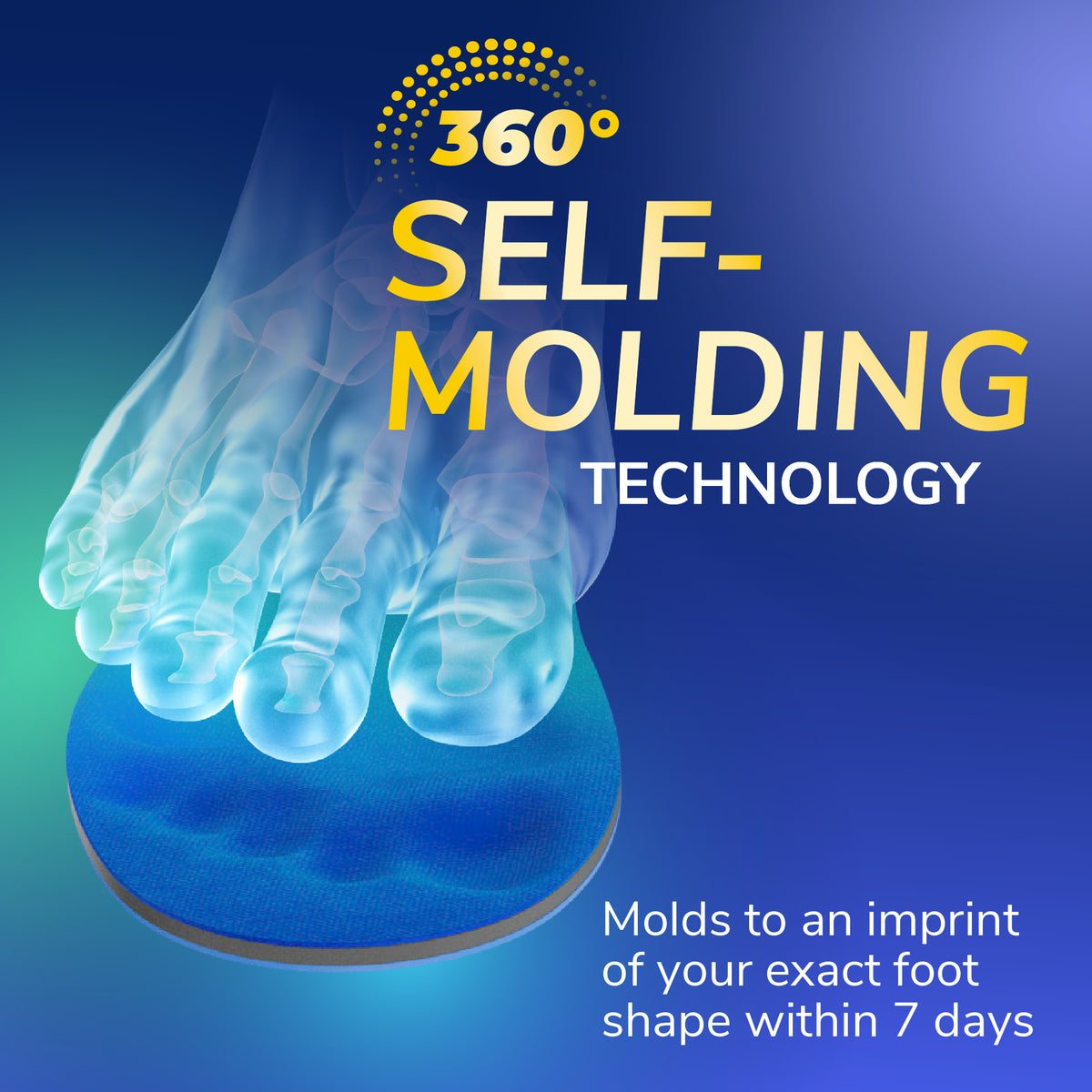 Blue molded men's insole for foot arch shape, shown under a foot