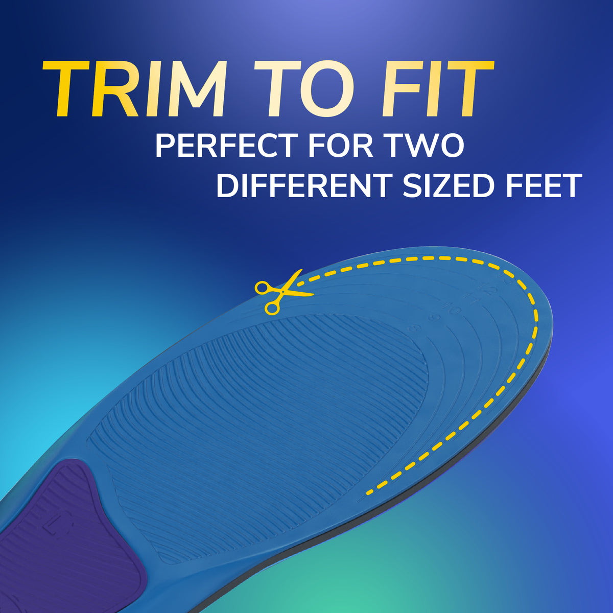 Blue men's insole close-up with trim-to-fit cut lines