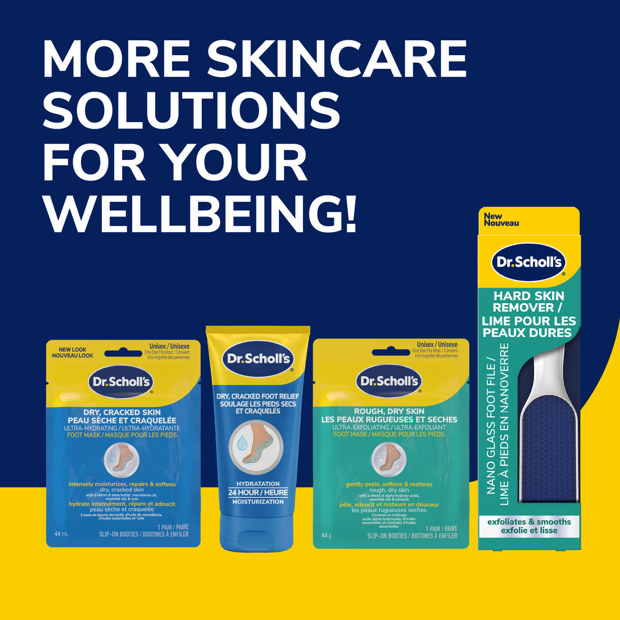 Dr. Scholl's foot renewal kit lineup shown with multiple blue product packages