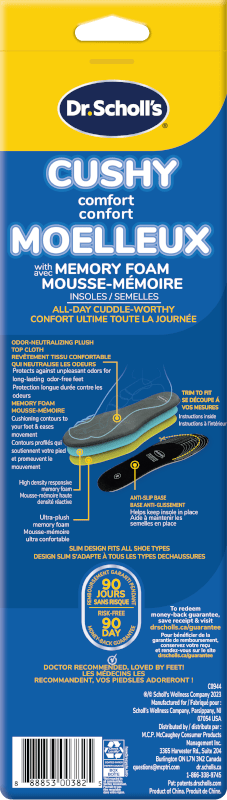 Dr. Scholl's cushy memory foam insole packaging back with support diagram