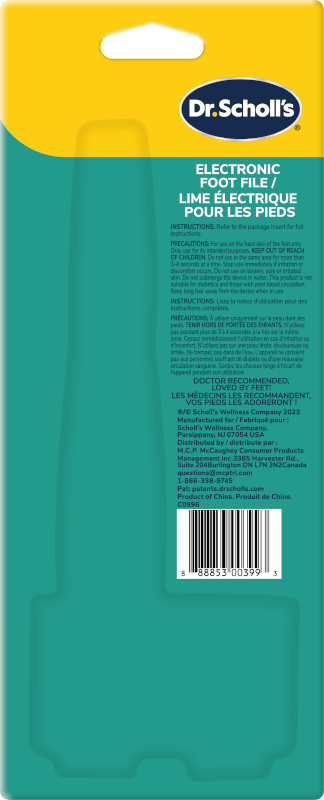 Dr.Scholl's electronic foot file packaging back with barcode and product details