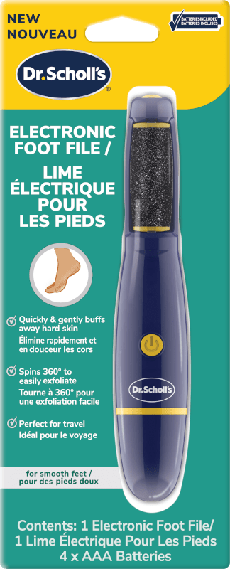 Dr.Scholl's electronic foot file with dark blue handle and rotating lime roller