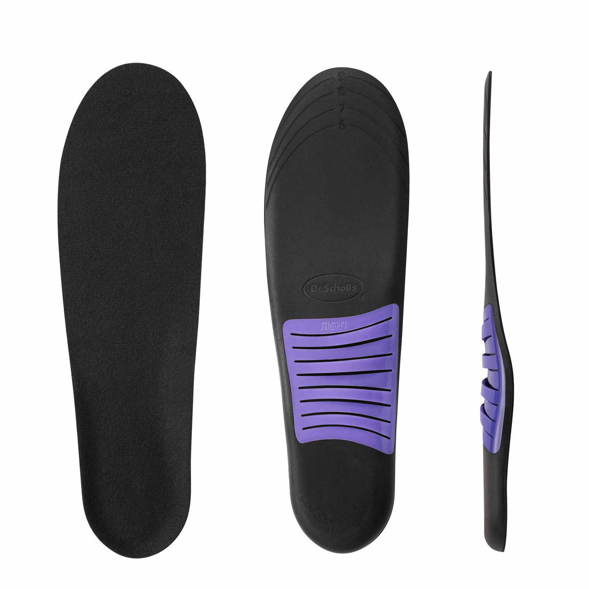 Black sneaker insole set with purple cushioning and arch support lines