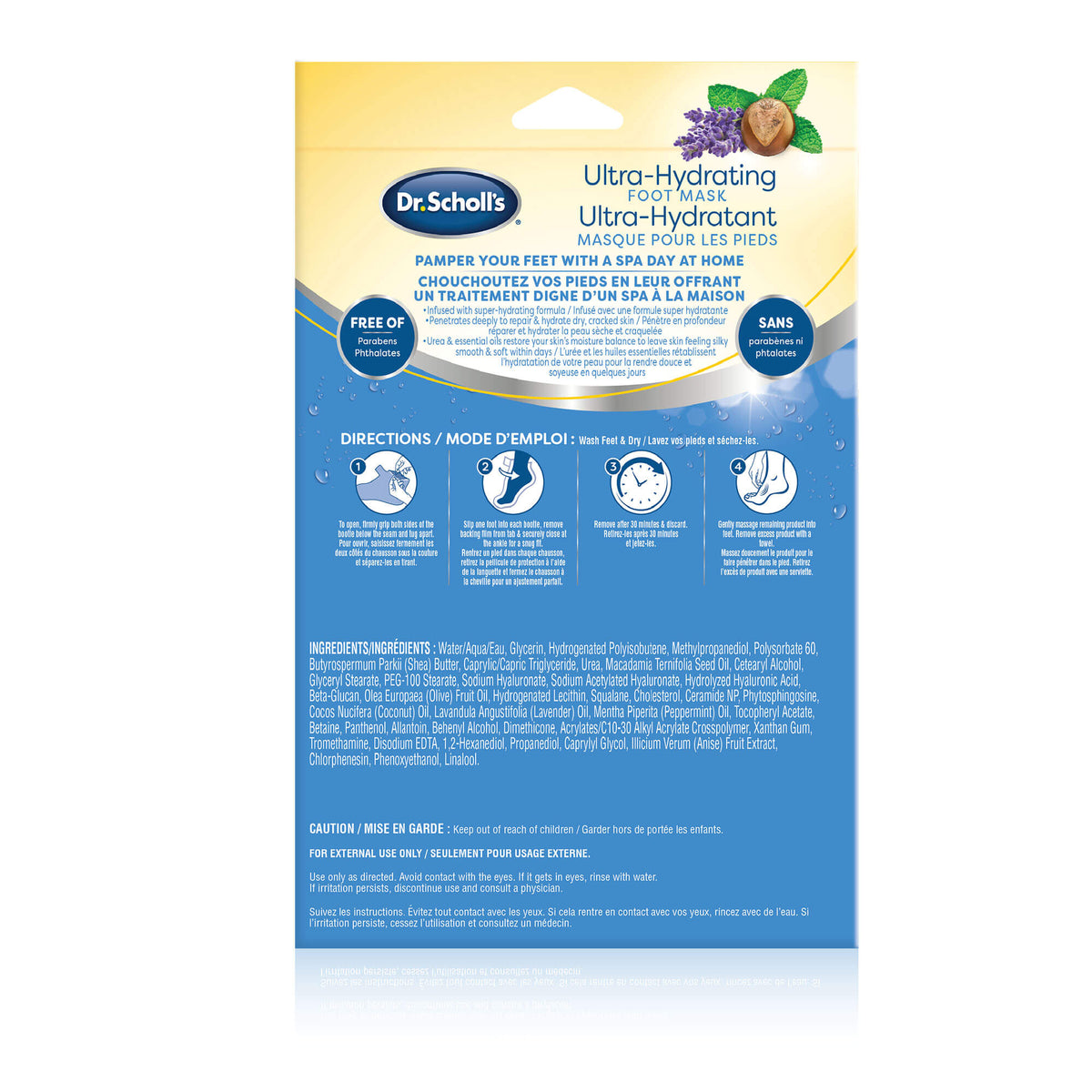 Dr. Scholl's Ultra-Hydrating foot mask 3-pack back with ingredients and directions