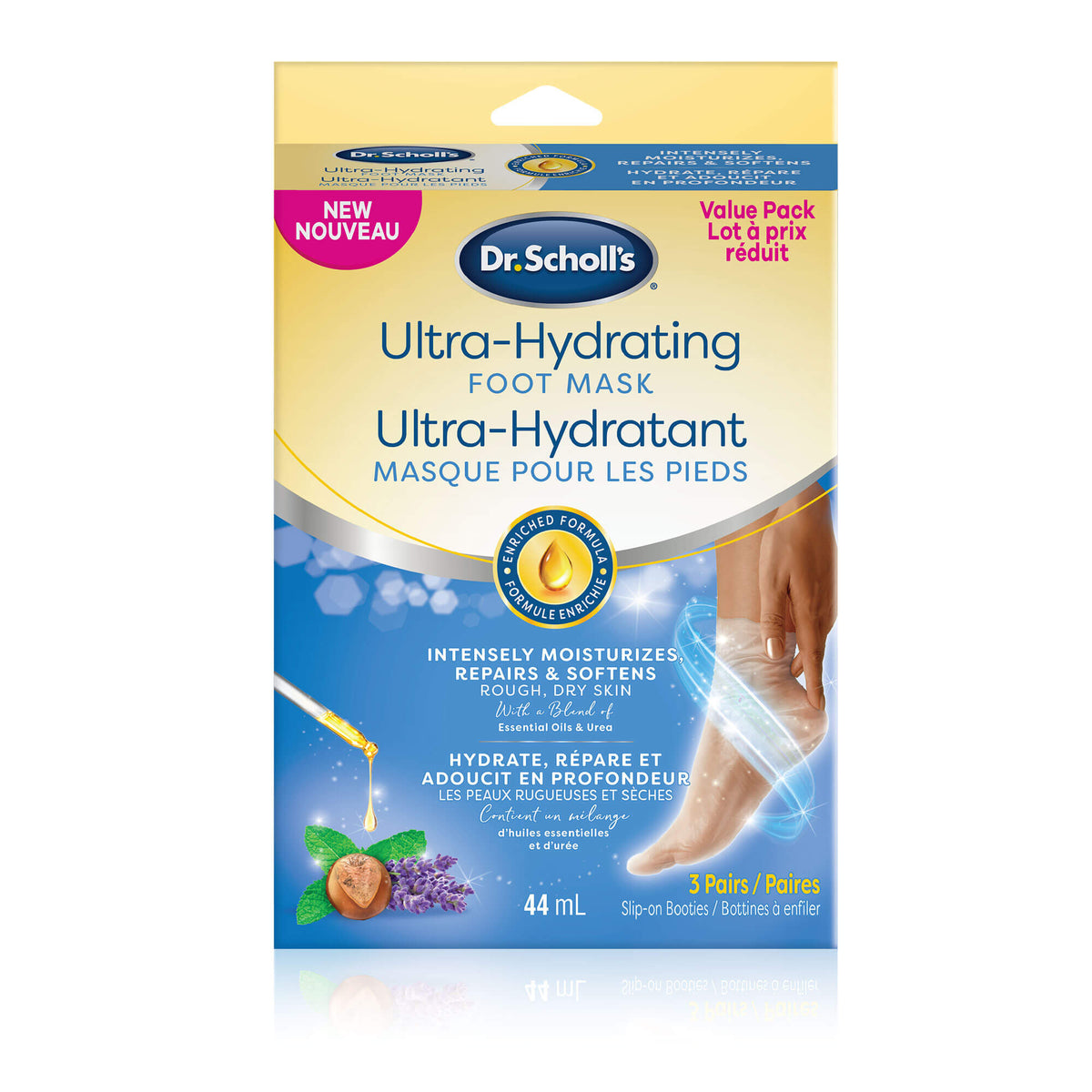 Dr. Scholl's Ultra-Hydrating foot mask 3-pack, yellow and blue treatment box