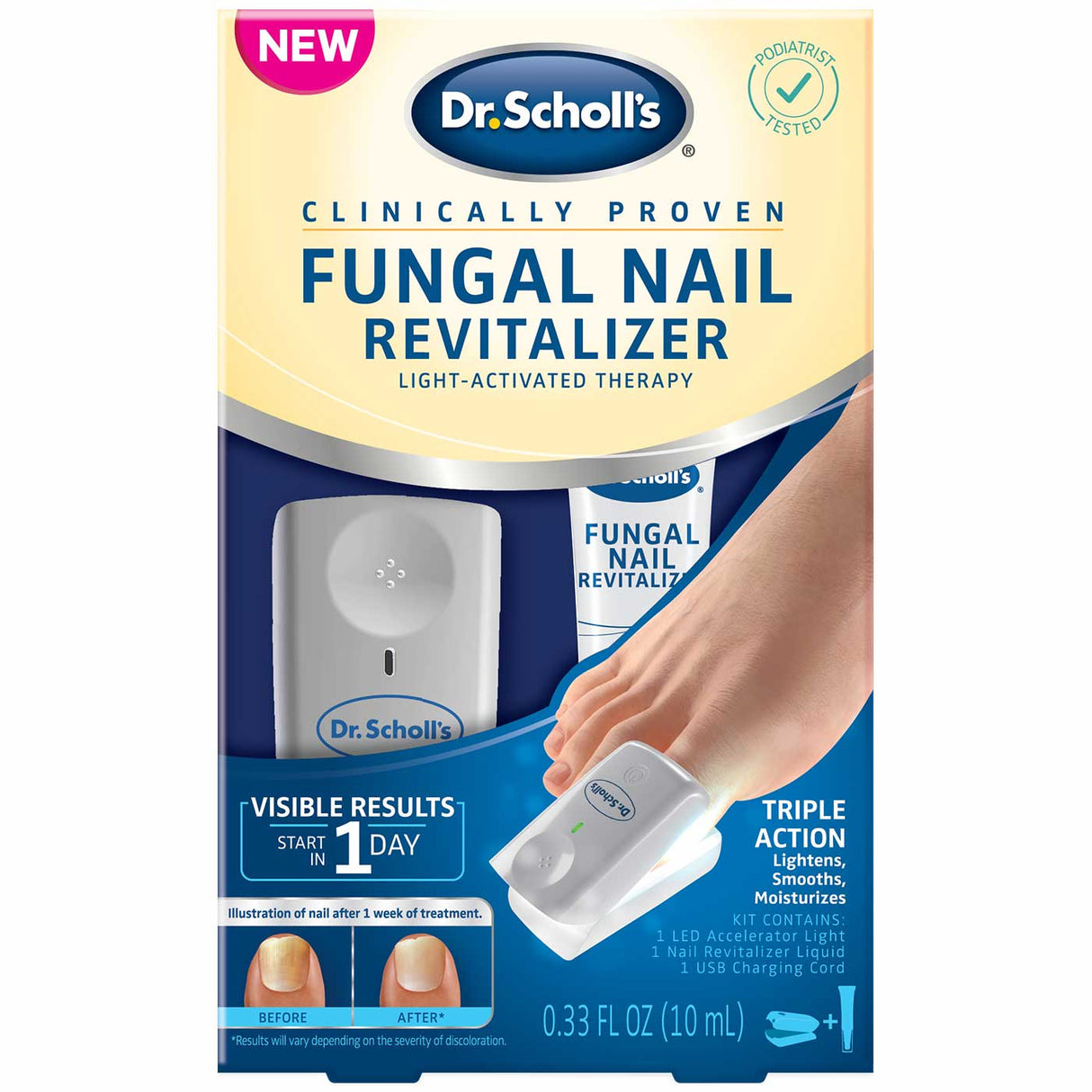 Light-activated fungal nail treatment kit box with LED nail revitalizer device, 10 mL