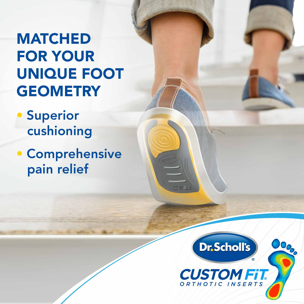 Custom Fit orthotic insert under a walking shoe with cushioned sole support