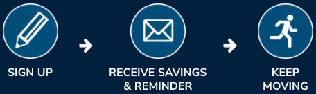 Three blue icons with text on a dark blue background