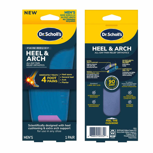 Two yellow and navy packages shown from front and back with heel and arch support labeling and blue footbed illustrations