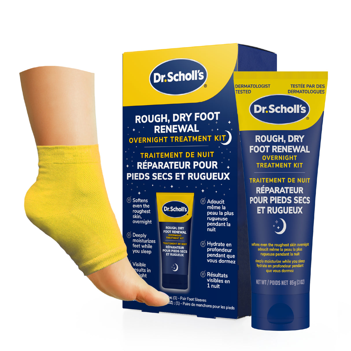 Rough, dry foot overnight treatment kit with yellow foot sleeve and Dr. Scholl's tube