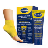 Rough, dry foot overnight treatment kit with yellow foot sleeve and Dr. Scholl's tube