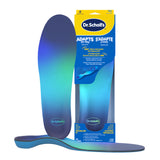 Men's blue gel insoles with curved arch support, shown with pair and outsole view