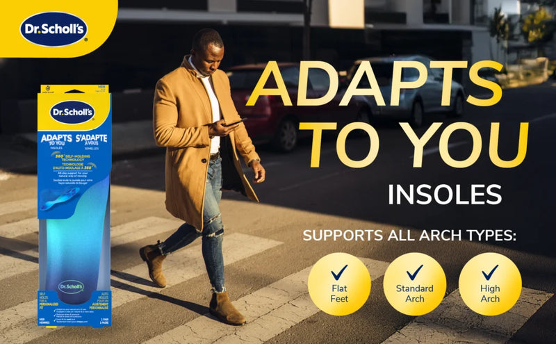 Graphic showing a person crossing a street beside insoles packaging with text reading Adapts to You and icons for flat feet standard arch and high arch support