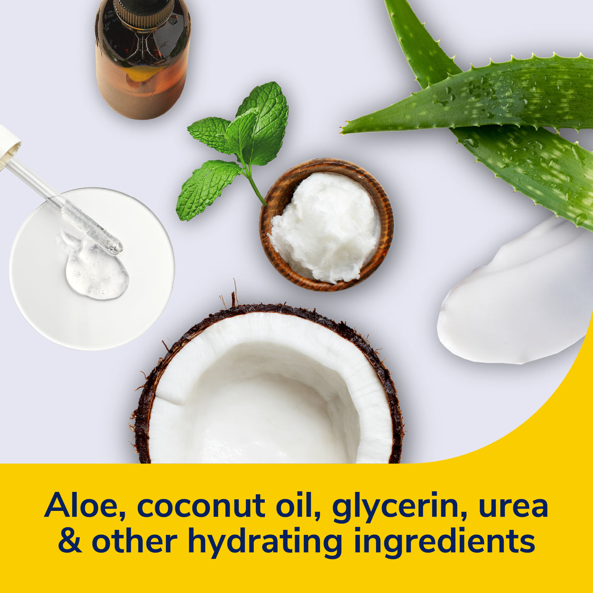 Foot renewal ingredients: aloe, coconut oil, glycerin, urea, and moisturizing cream blobs