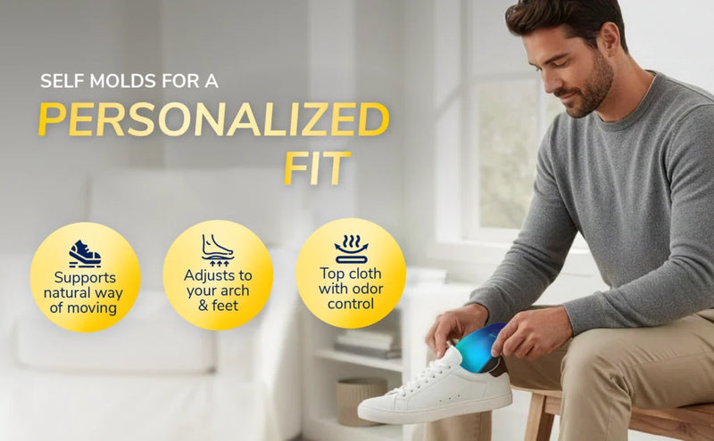 Man seated while putting on a white sneaker, alongside text about a personalized fit and icons describing natural movement, foot adjustment, and odor control.