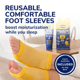Reusable yellow foot sleeves and Dr. Scholl's overnight treatment kit in box