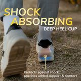 Blue men's insole with deep heel cup for cushioning, shown under heel