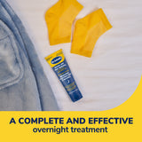Dr. Scholl's rough-dry foot overnight treatment tube with two yellow foot sleeves
