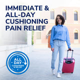 All-day cushioning pain relief ad with man walking and carrying a suitcase