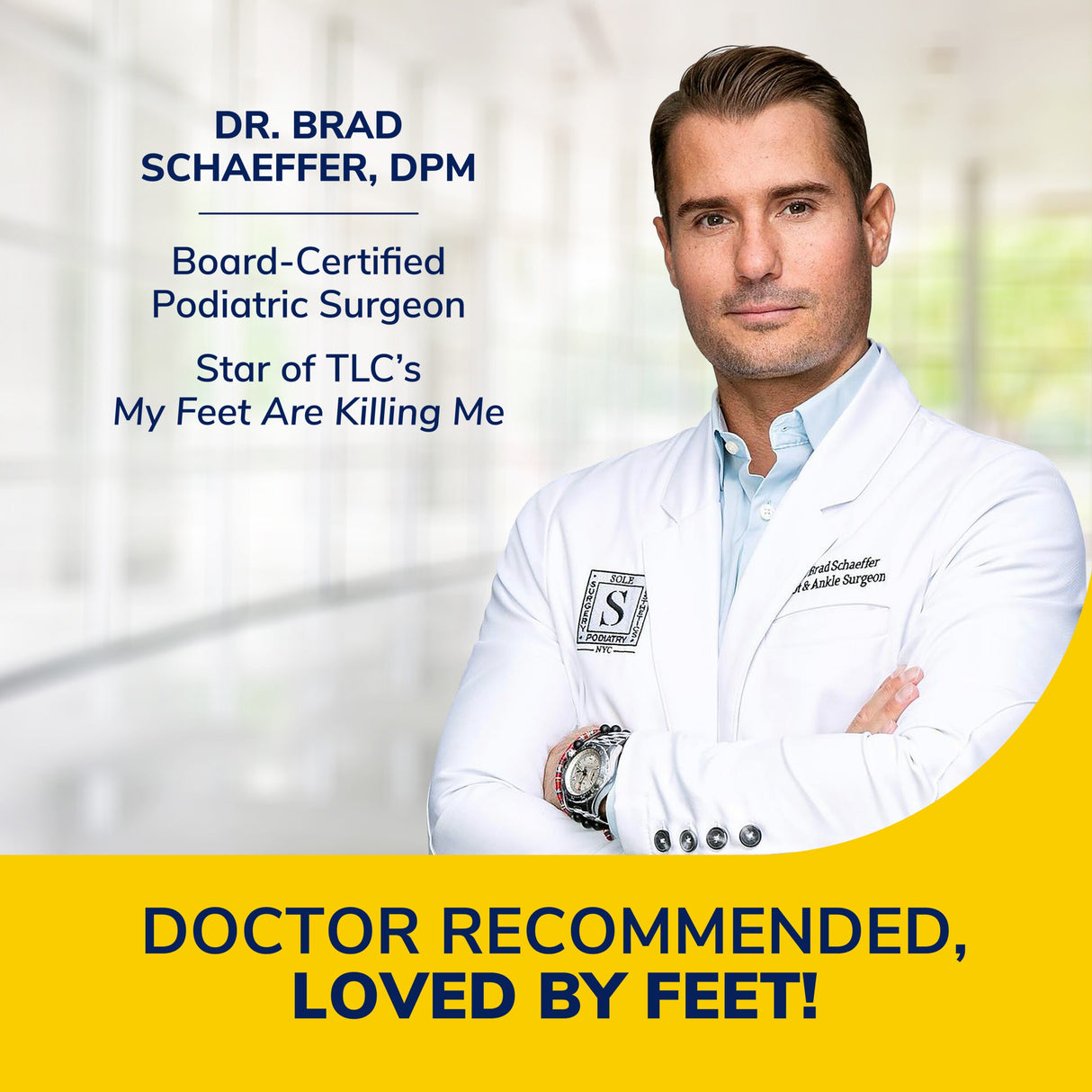 Podiatric surgeon portrait with doctor recommendation for foot care product