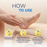 Foot cream spread on dry skin with massage step icons, Dr. Scholl's