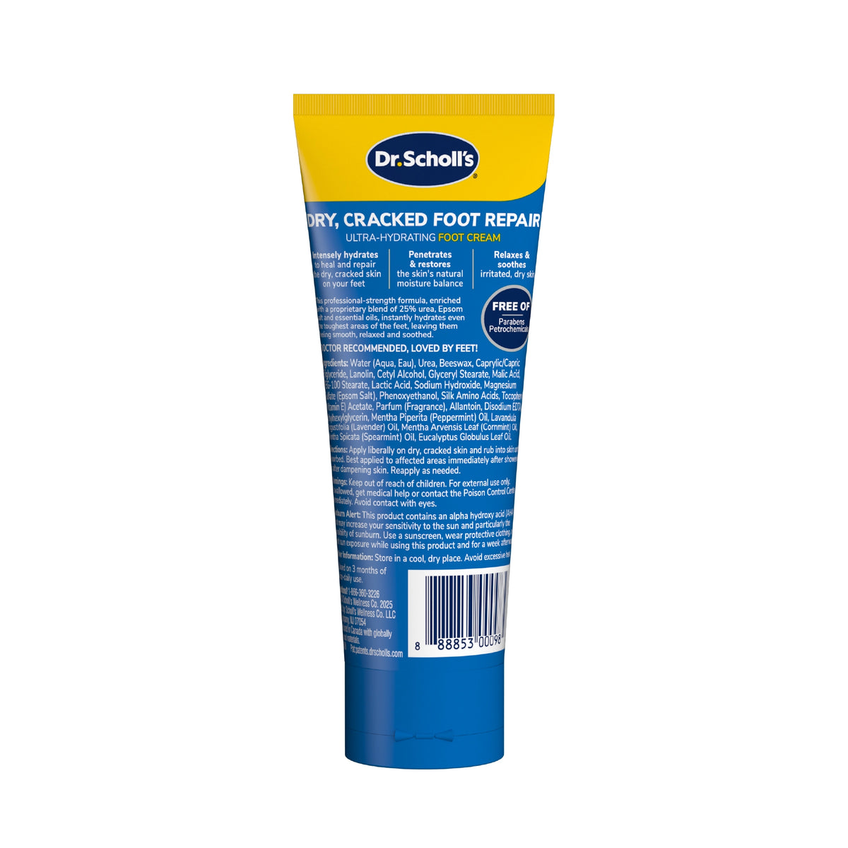 Back view of Dr. Scholl's foot repair cream tube with directions and ingredient panel