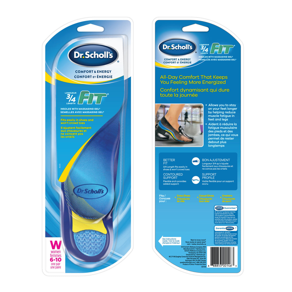 Dr. Scholl's 3/4 Fit massaging gel insole blister pack, back label view