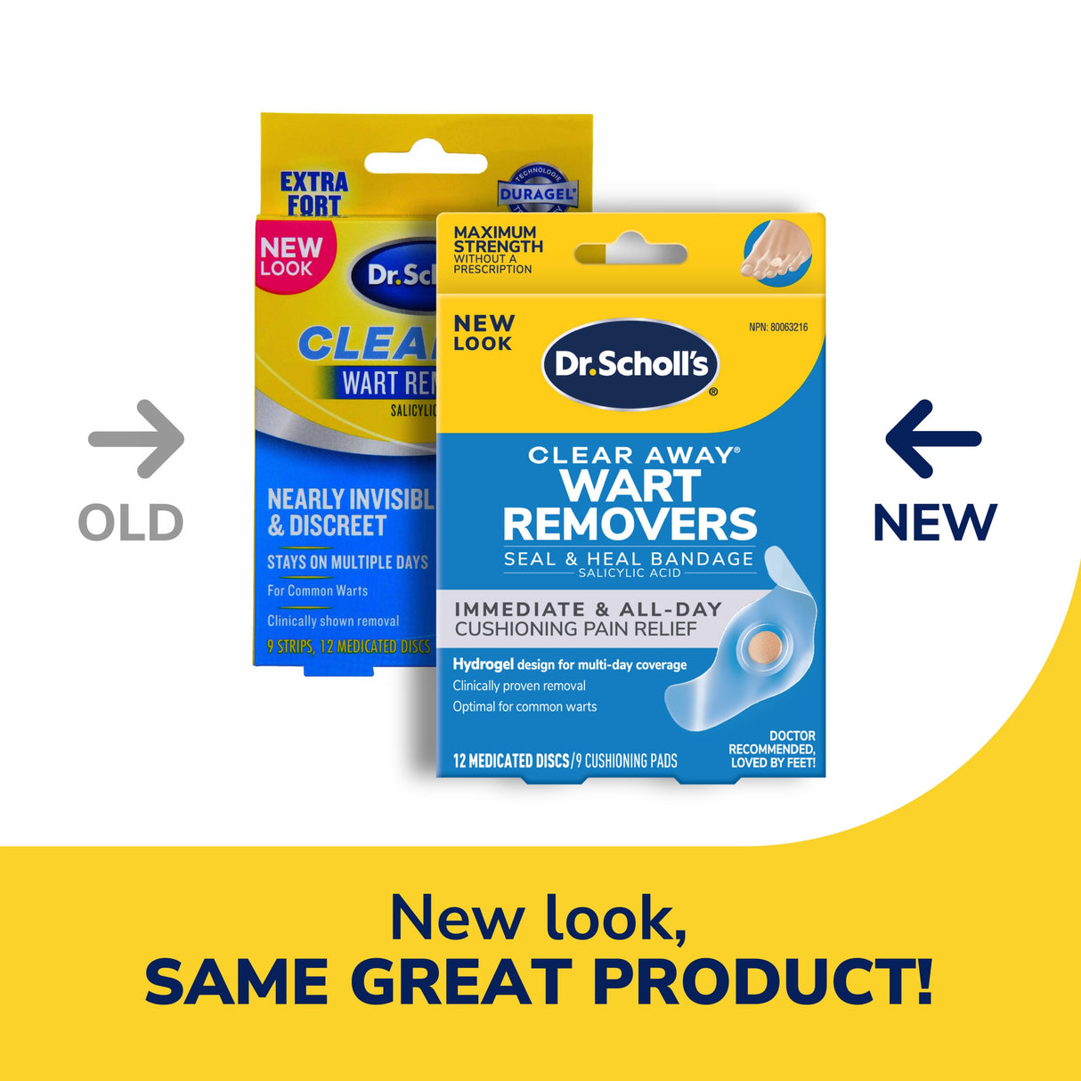Clear Away wart remover seal & heal bandage box with new look and old look