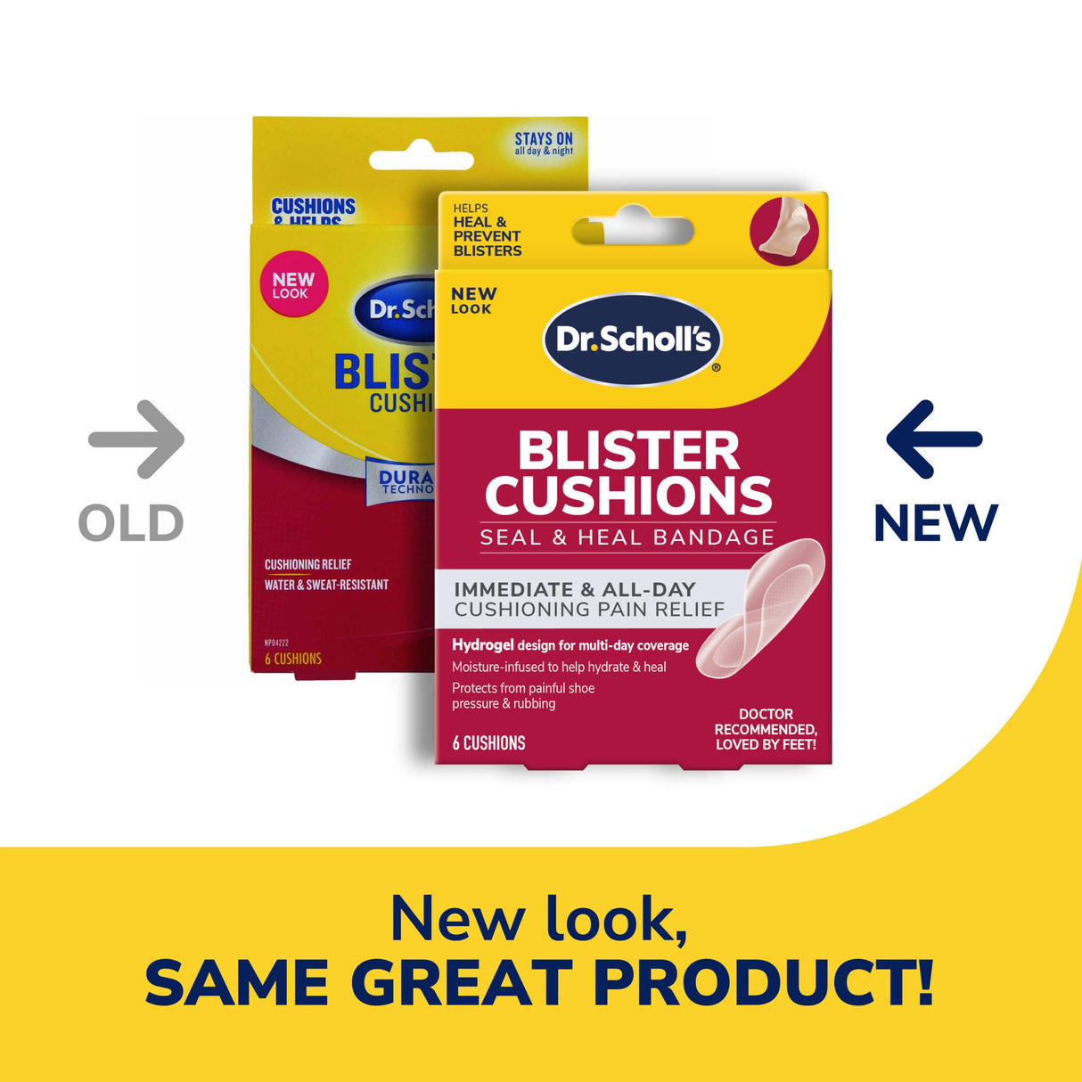 Blister cushion seal & heal bandage new look pack next to old look pack