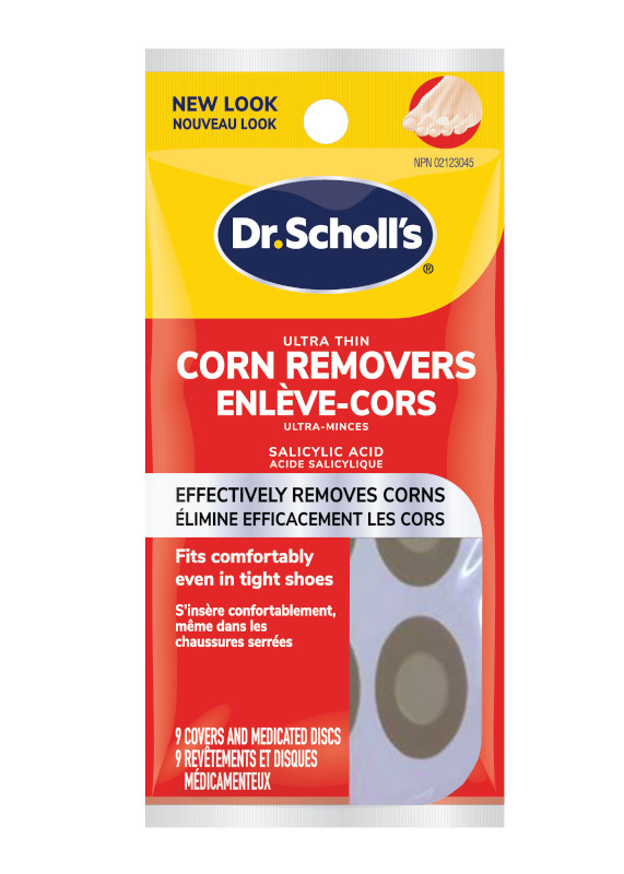 Ultra-Thin Corn Removers by DrScholls package showing salicylic acid medicated discs designed to remove foot corns comfortably in tight shoes