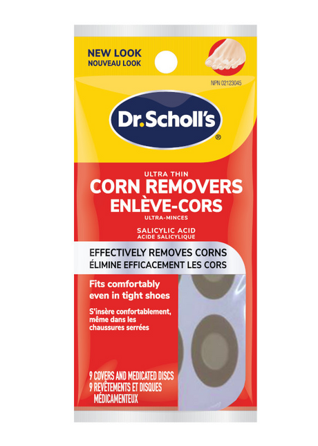 Ultra-Thin Corn Removers by DrScholls package showing salicylic acid medicated discs designed to remove foot corns comfortably in tight shoes