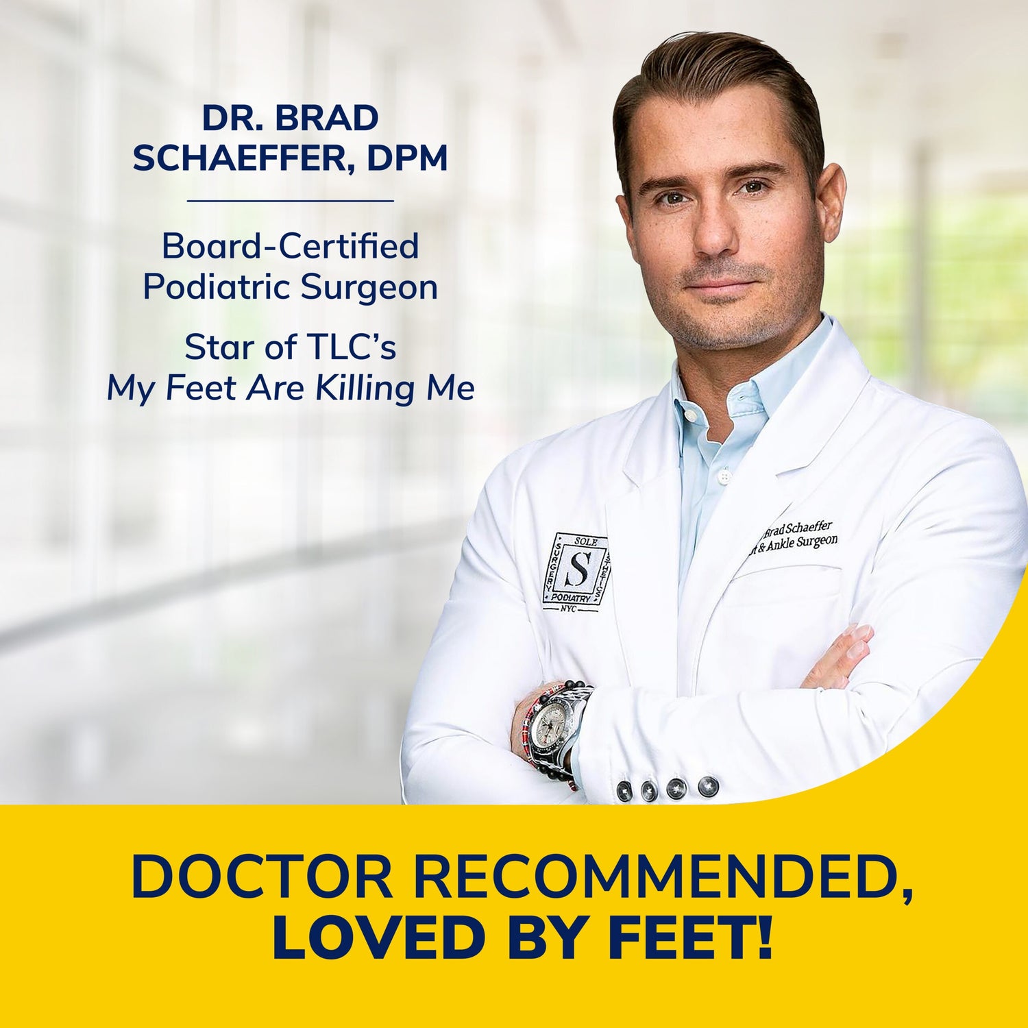 Podiatric surgeon portrait indicating doctor recommended blister cushion bandage