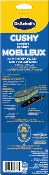 Dr. Scholl's cushy memory foam insole packaging back with support diagram