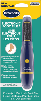 Dr.Scholl's electronic foot file with dark blue handle and rotating lime roller