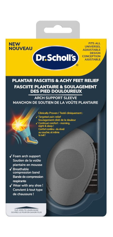 Dr. Scholl plantar fasciitis arch support sleeve package with cushioned pad
