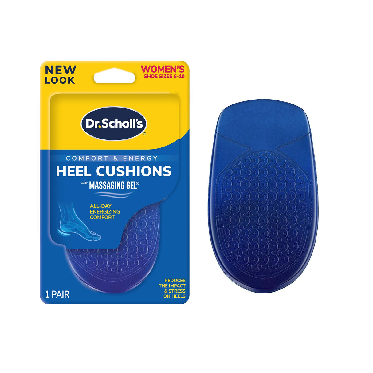 DrScholls Heel Cushions with Massaging Gel cushioning shown beside retail packaging for womens shoes and everyday heel comfort