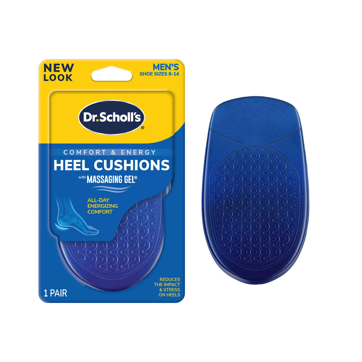 DrScholls Heel Cushions package with one blue gel heel insert featuring a textured Massaging Gel surface for cushioning and comfort