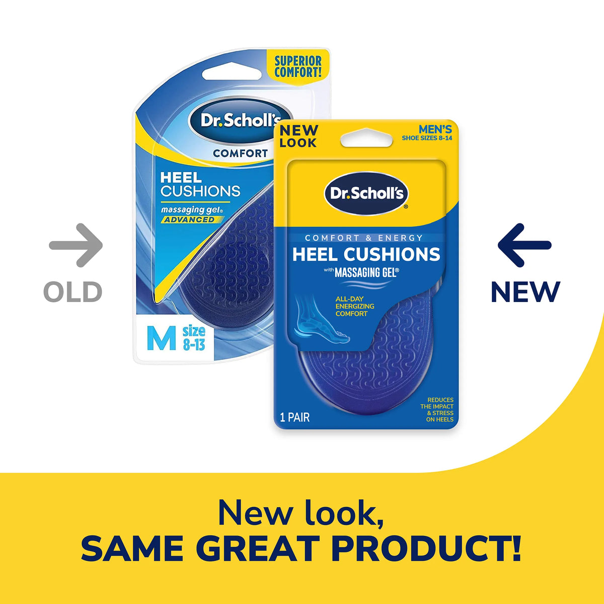 Heel Cushions by DrScholls shown in old and new packaging with Massaging Gel technology for cushioned heel comfort