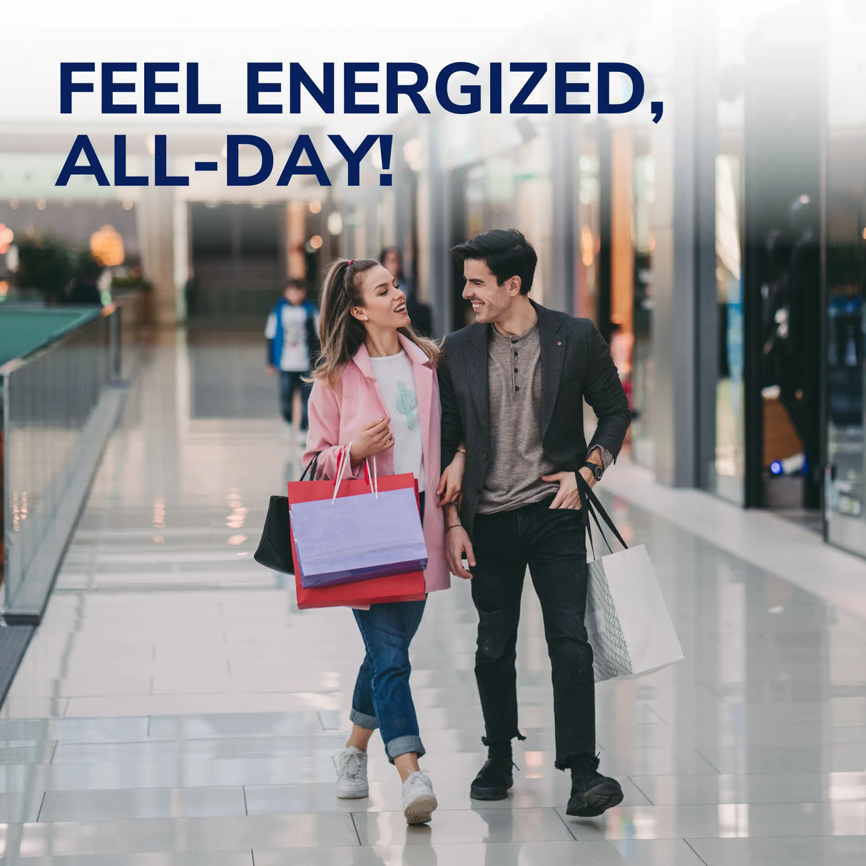 Heel Cushions by DrScholls helping a smiling couple stay comfortable and energized while walking through a bright shopping mall all day