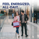 Heel Cushions by DrScholls helping a smiling couple stay comfortable and energized while walking through a bright shopping mall all day