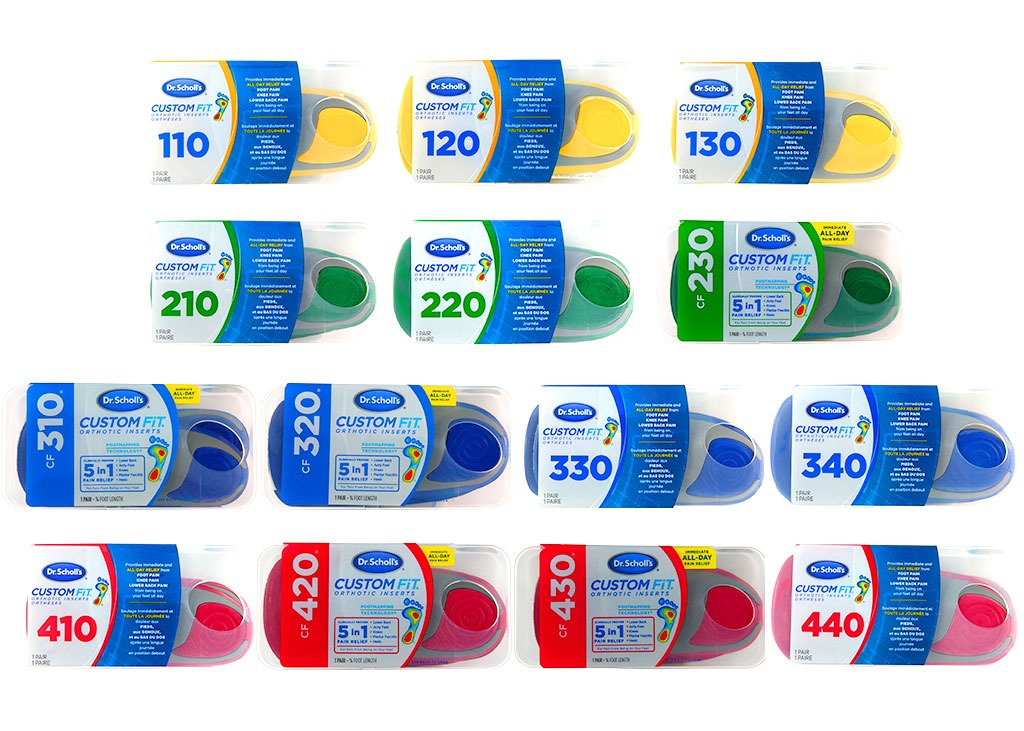 Assorted Custom Fit orthotic insert boxes with different numbers and color-coded shapes