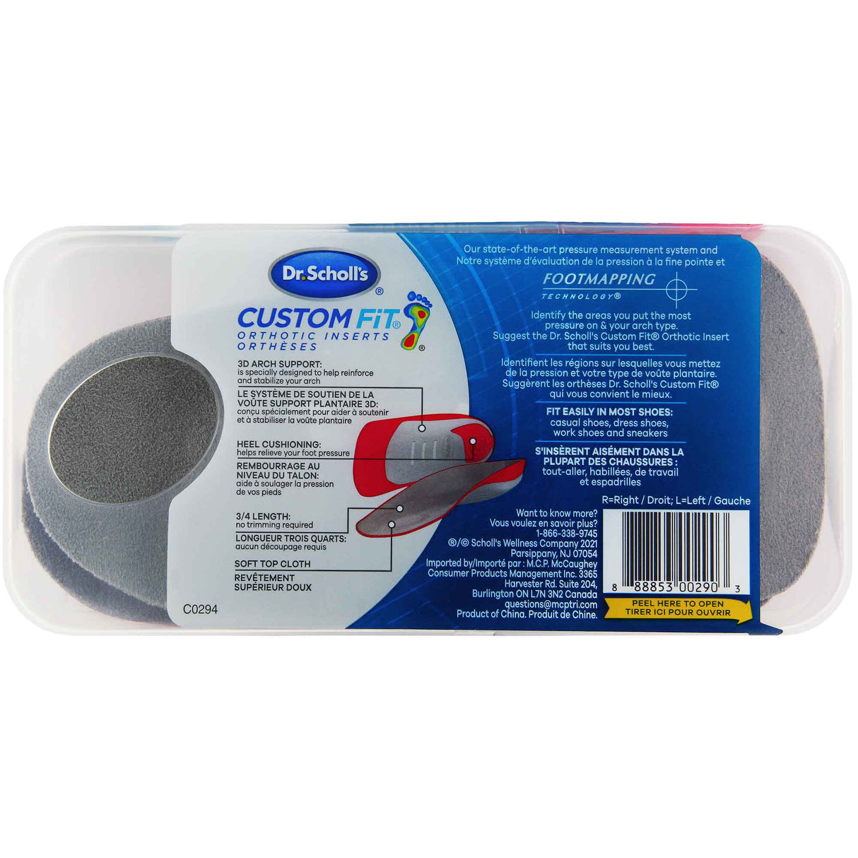 Dr. Scholl's Custom Fit orthotic inserts package with gray heel and arch support pads