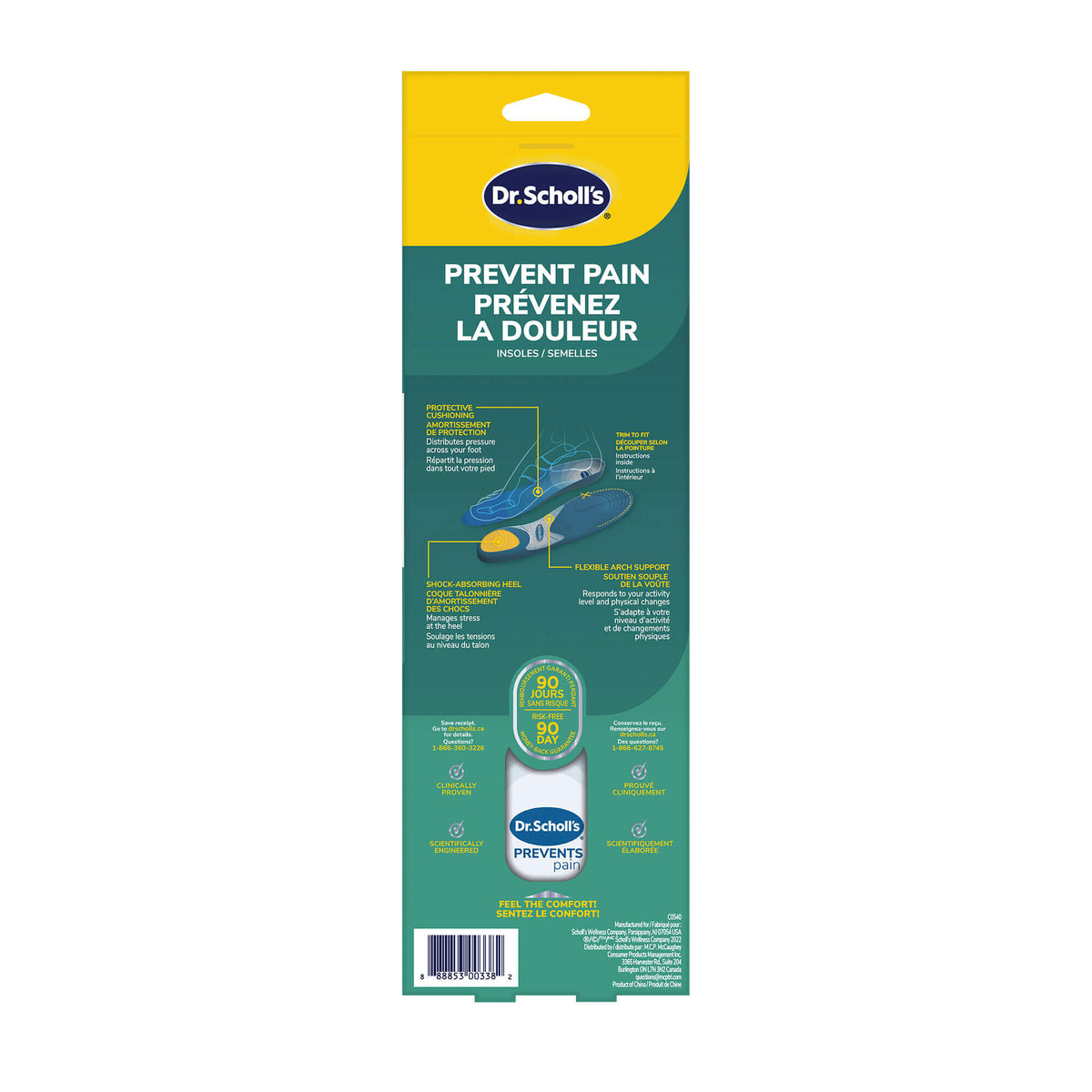 Dr. Scholl's prevent pain insoles blister pack back panel with diagrams, teal.