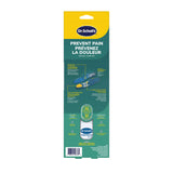 Dr. Scholl's prevent pain insoles blister pack back panel with diagrams, teal.