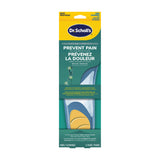 Dr. Scholl's prevent pain insoles blister pack, men's, teal with yellow header.