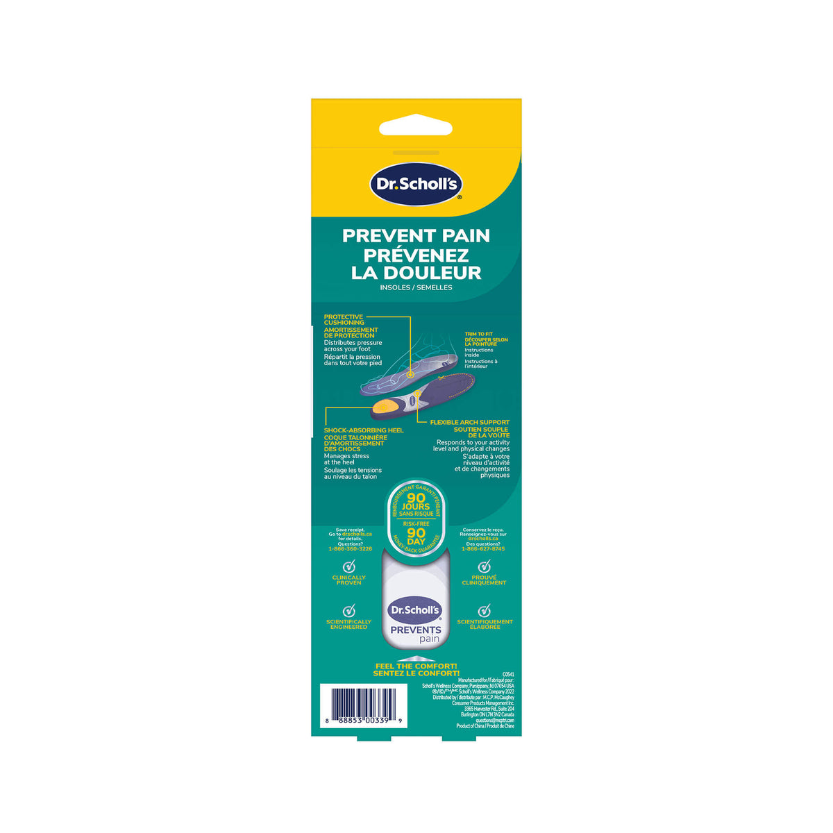 Dr. Scholl's prevent pain insoles blister pack back panel with diagrams, teal, women's.