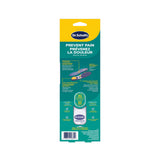 Dr. Scholl's prevent pain insoles blister pack back panel with diagrams, teal, women's.