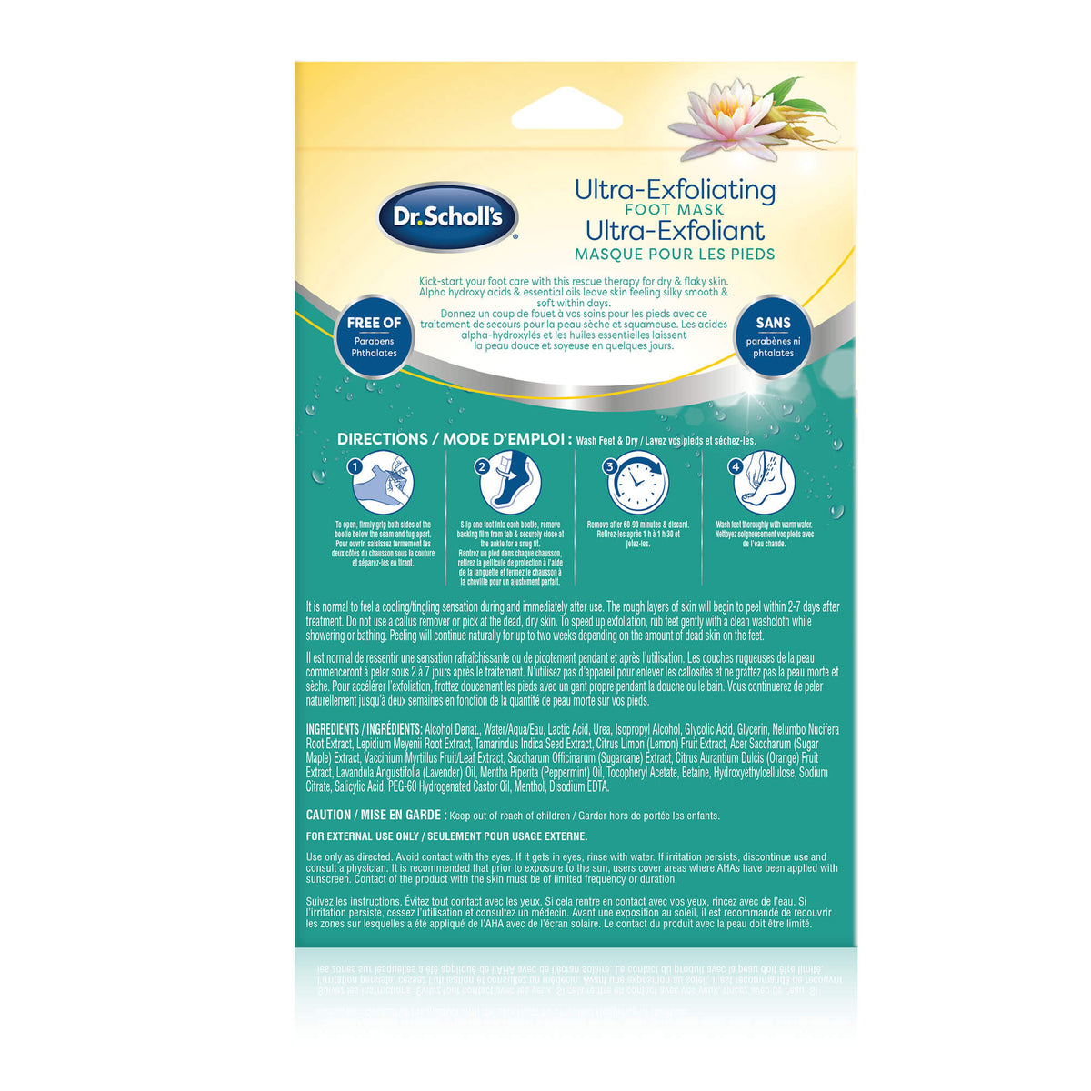 Dr. Scholl's ultra-exfoliating foot mask package with directions panel