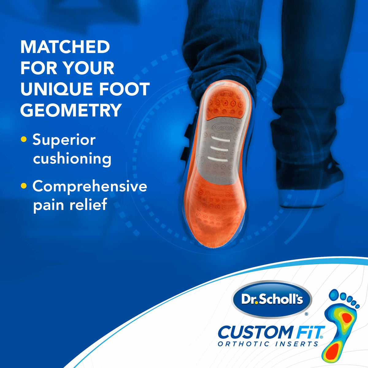 Custom Fit orthotic insert with orange underside and cushioning pattern