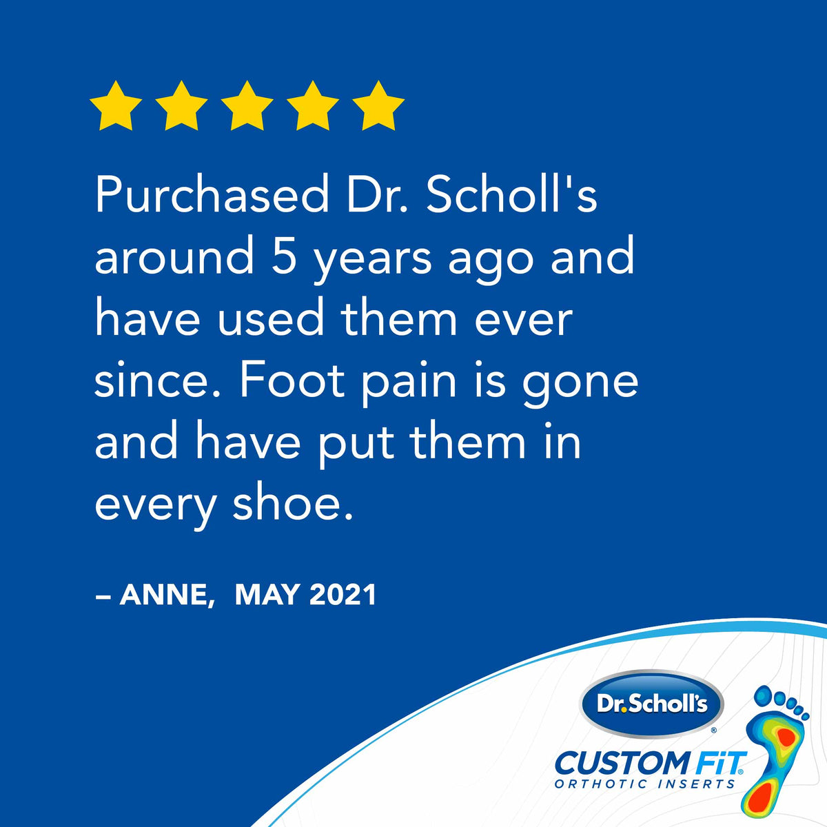 Dr. Scholl's Custom Fit orthotic inserts customer review graphic with five gold stars